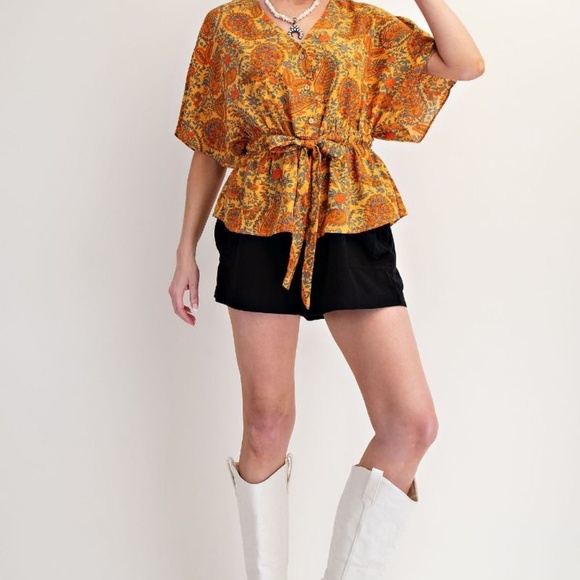 NEW EASEL PAISLEY PRINTED CREPE PEPLUM TOP BLOUSE SMALL BOHO RELAXED FIT - Picture 5 of 7